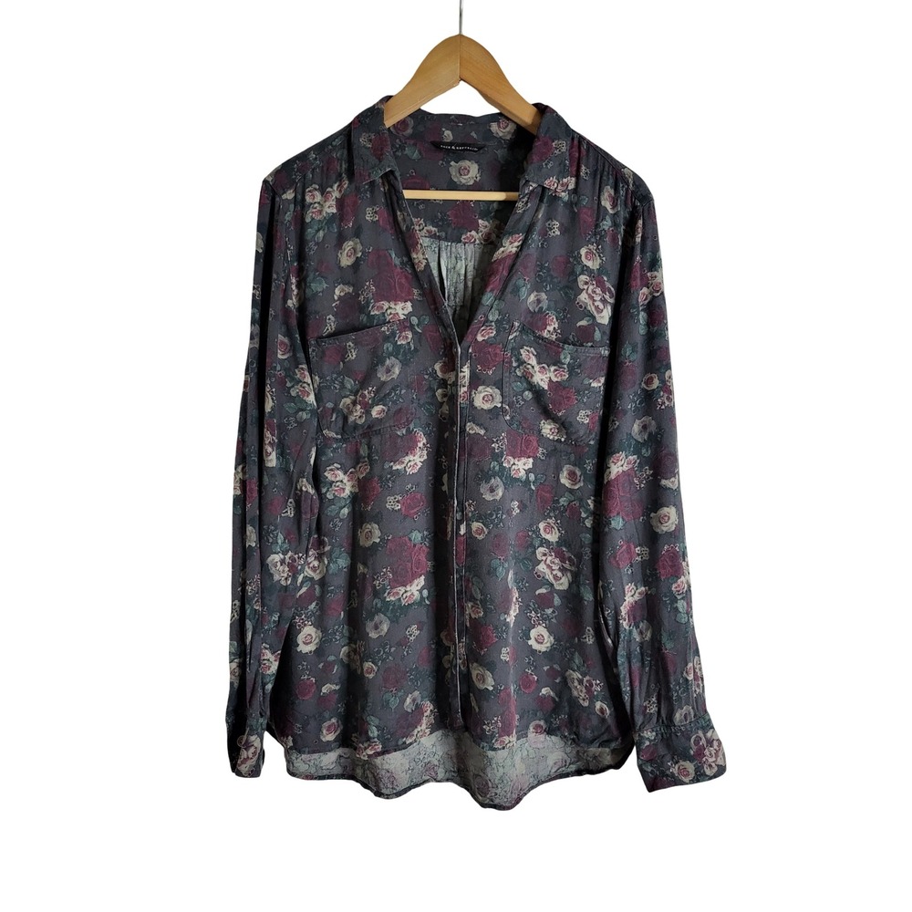 Rock & Republic Floral Button Dark Cottagecore Sz L Grey Burgundy Long Sleeve